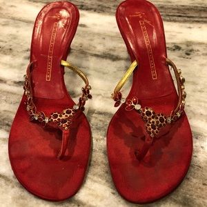 Giuseppe Zanotti Red Satin Jeweled Thong Sandals